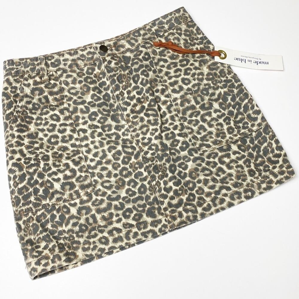 Made In Blue Leopard Women Large Mini Cotton Skirt NEW